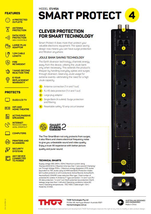 Thor E1/45A 4 Way Filtered Surge Protection Power Board