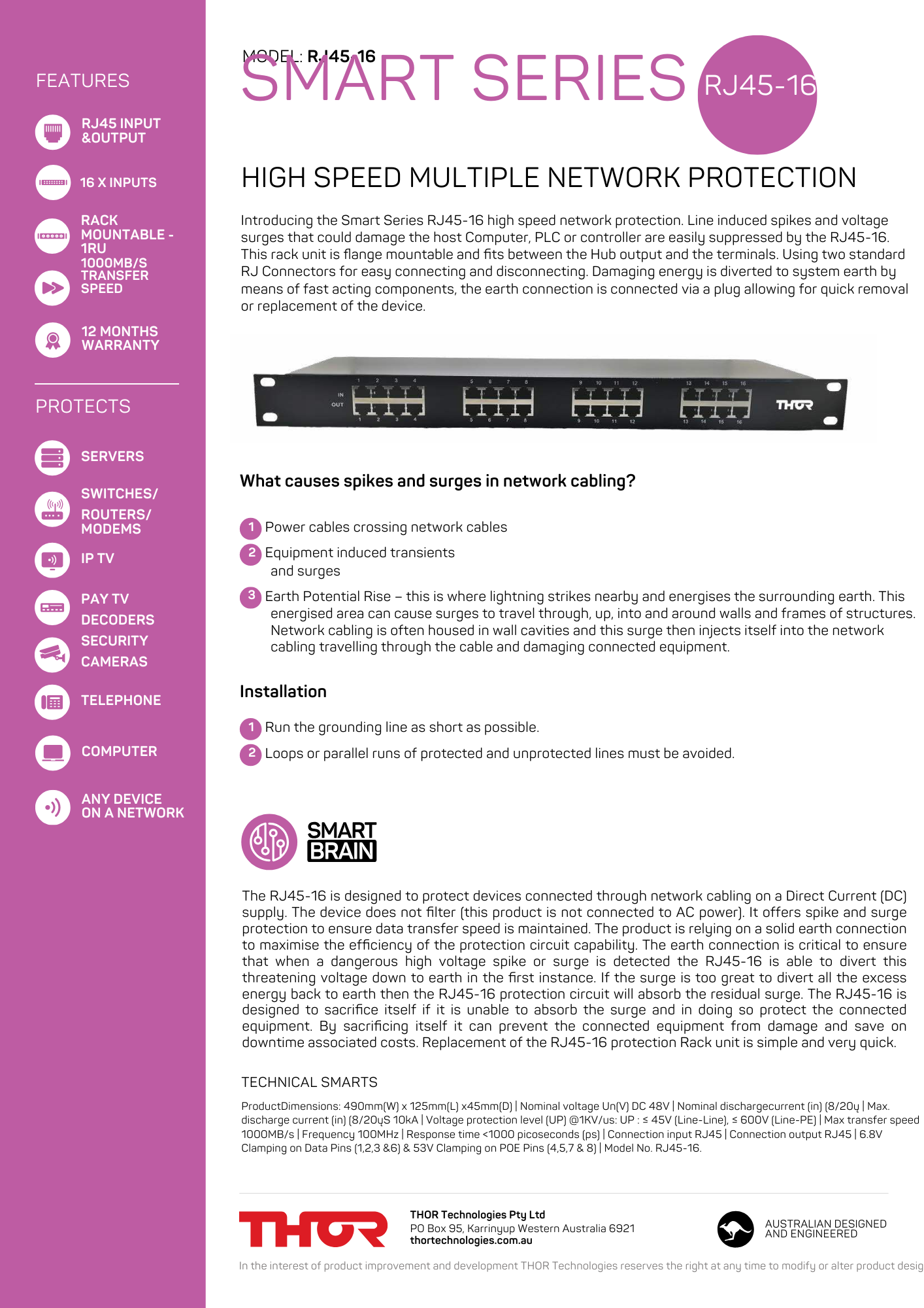 Thor RJ45/16 Smart Series 16 Way Network Surge Protection