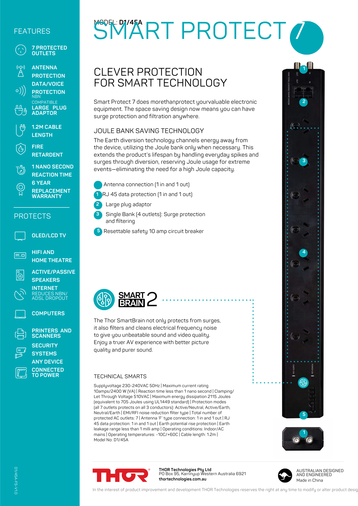 Thor D1/45A Smart Protect 7 Way Surge Protection Power Board