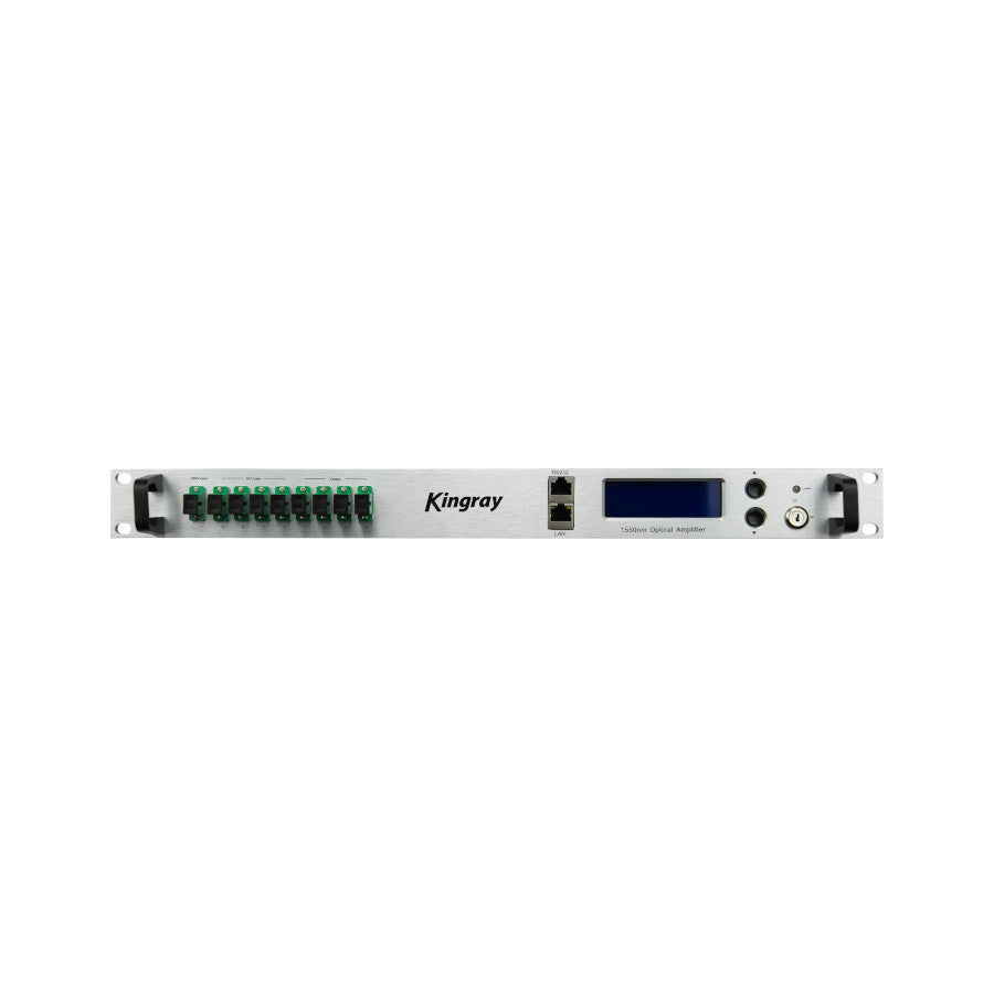Kingray KOA4PX-15 optical fibre amplifier, front view with four OLT inputs, four outputs and CATV input