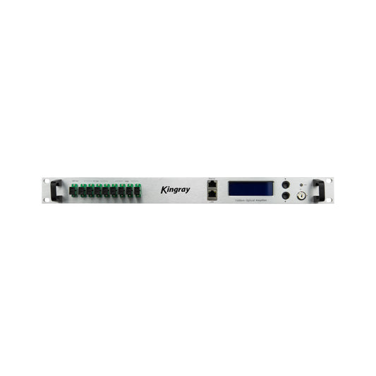 Kingray KOA4PX-15 optical fibre amplifier, front view with four OLT inputs, four outputs and CATV input