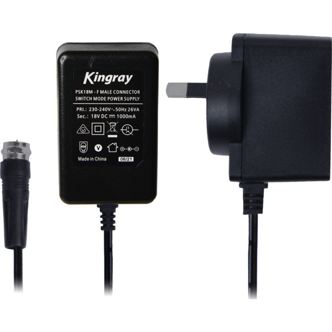 Kingray PSK18M 18V DC 1000mA power supply with F-type male connector