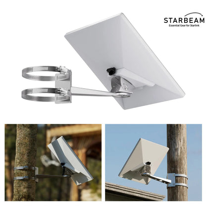 StarBeam Starlink Mini light pole mount with stainless steel clamps and 360 degree adjustable arm; dish shown for illustration