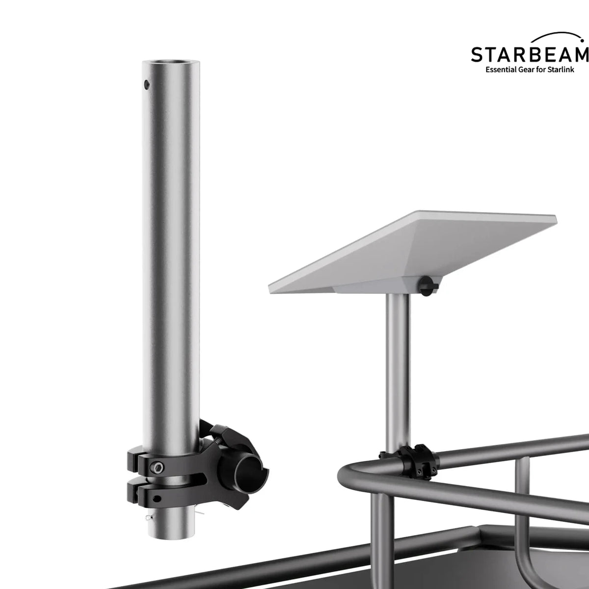StarBeam Starlink Mini pole clamp with pole extension and installation example; dish and railing not included