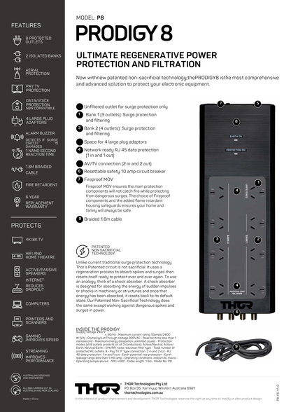 Thor P8 Prodigy 8 Way Surge Protector with Elite Filtration