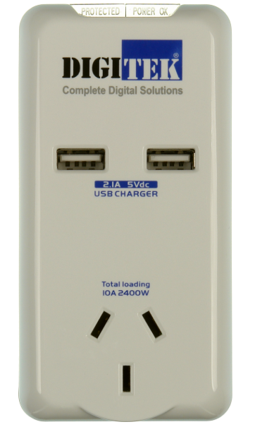 Digitek Single Outlet Surge Protector with 2 x USB Charging Points