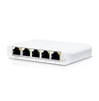 Ubiquiti UniFi Switch Flex Mini, a compact white managed switch with five Gigabit Ethernet ports.
